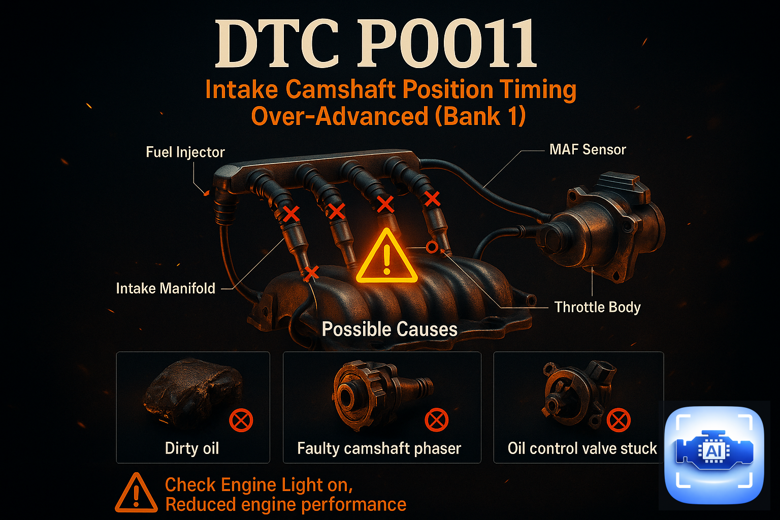 DTC P0011 - Powertrain diagnostic illustration: Intake Camshaft Position Timing Over-Advanced (Bank 1)