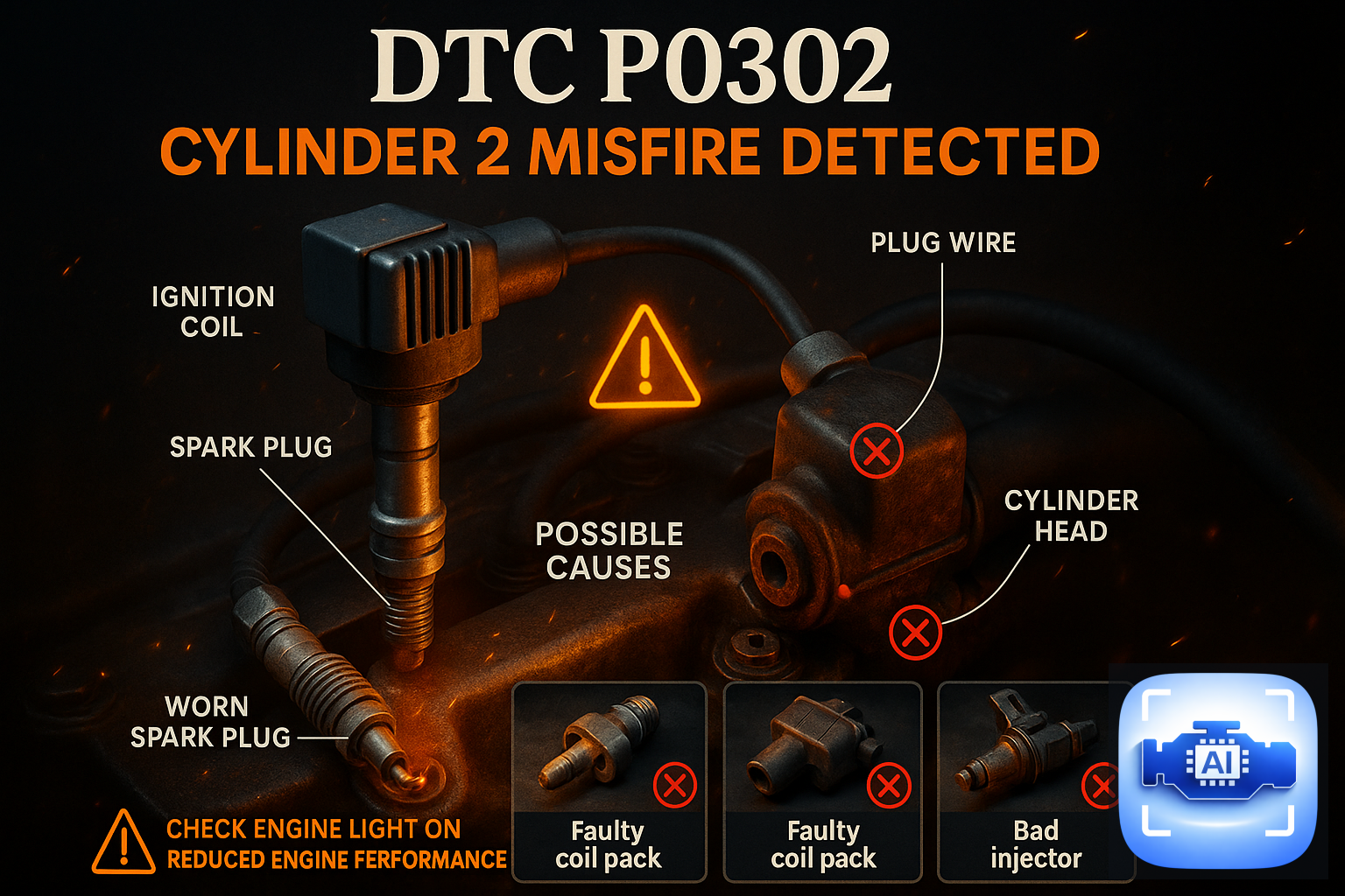 DTC P0302 - ілюстрація діагностики Powertrain: Виявлено пропуски запалювання в циліндрі 2