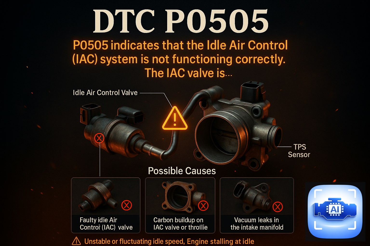 DTC P0505 - Powertrain diagnostic illustration: P0505 indicates that the Idle Air Control (IAC) system is not functioning correctly. The IAC valve r